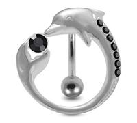 MONSTER PIERCING Black Stone Dolphin Around Navel Reverse Bar 925 Sterling Silver Belly Bar Piericng
