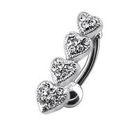 MONSTER PIERCING Clear Multi Stone Four Hearts Link Reverse Bar 925 Sterling Silver Belly Bar Piericng