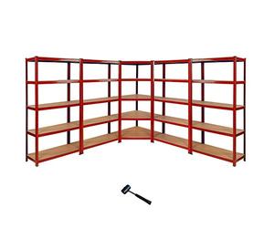 Monster Shop 5 Racking Shelving Units 1 x Corner Garage Unit & 4 x Storage Rack Bays 5 Z-Rax Red Steel & MDF Shelves 8525kg Total Capacity 265kg per shelf Free Rubber Mallet