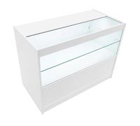 White Shop Counter LED Light C 1200mm Lockable Sliding Doors 2 Keys Retail Storage Unit Display Showcase Cabinet Reception Desk Clothing Jewellery Store 3 Shelves 2 Glass 1 Enclosed Lighting