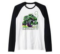 Monster Truck 4th Birthday Boy 4 Years and Crushing It Raglan Baseball Tee