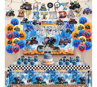 Monster Truck Birthday Decorations Party Decorations Set Include Truck Balloons, Tablecloth, Backdrop, Cake Cupcake Toppers, Hanging Swirls, Banner Monster Truck Party Supplies for Boys Birthday Decor