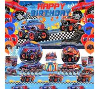 Monster Truck Birthday Party Supplies, Monster Truck Party Decorations Set including Backdrop, Plates, Cups, Napkins, Tablecloth, Balloons for Children birthday Party