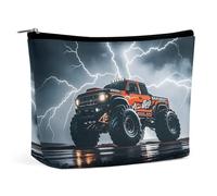 Monster Truck Black Sky Lightning Roar Makeup Bag PU Leather Waterproof Travel Cosmetic Bag for Women Girl Wide-Open Zippered Pouch Portable Toiletry Bags Organizer Case Travel Essentials Toiletries A