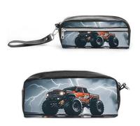Monster Truck Black Sky Lightning Roar Pencil Case - Large Capacity Pencil Pouch with Double Compartments PU Leather Zippered Organizer Bag for Office & Travel | Water-Resistant Cosmetic Makeup Bag