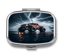 Monster Truck Black Sky Roar Pill Box 2-Compartment Portable Pill Case Square Metal Medication Organizer Small Weekly Medication Case with Mirror Stylish Vitamin Holder for Purse Pocket Travel