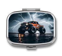 Monster Truck Black Sky Roar Pill Box - 2 Compartment Travel Pill Organizer with Small Mirror, Portable Pillcase for Pocket & Purse, Cute Square Medicine Case, Weekly Medicine Container