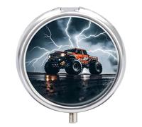 Monster Truck Black Sky Roar Pill Box 3 Compartment Travel Pill Organizer with Small Mirror Portable Pillcase for Pocket & Purse Cute Round Medicine Case Weekly Medicine Container