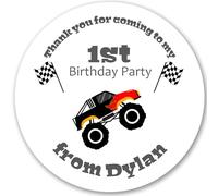 Monster Truck Boy's Personalised Birthday Party Stickers - Gift Tags/Labels for Party Bags or Sweet Cones (12 Stickers x 64mm)