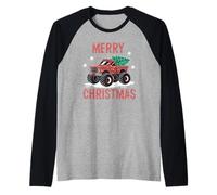 Monster Truck Carrying Holiday Tree Merry Christmas Pajama Raglan Baseball Tee
