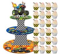 Monster Truck Cupcake Stand for 24 Cupcakes with 24Pcs Monster Truck Cupcake Liners Wrappers 3 Tier cupcake stand Party Supplies Cupcake Display Holder for Birthday Party, Baby Shower, Party