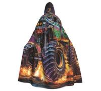 Monster Truck Flames Hooded Cloak For Men Women, Halloween Hooded Capes With Hood & Neck Tie, Long Adult Halloween Cloaks Witch Wizard Costume Cosplay Capes For Halloween Cosplay