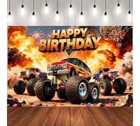 Monster Truck Happy Birthday Backdrop Banner, Heavy Truck Racing Party Photography Backdrop Boy Men Birthday Party Decorations Photo Booth Props 6x4ft