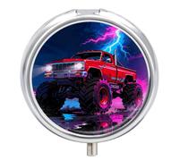 Monster Truck Lightning Roar Pill Box 3-Compartment Travel Pill Organizer Portable Round Medicine Case with Mirror Design for Vitamins, Jewelry & Essentials Durable Pocket Pillbox for Purse, Camping