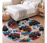 Monster Truck Round Kids Rug for Bedroom Nursery 100 cm | Kid Letter Print Motif Machine Washable Circle Area Rug, Light Grey Soft Non-Slip Round Carpet for Living Room Playroom