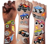 Monster Truck Temporary Tattoos for Kids Boys Girls Metallic Silver Glitter Fake Tattoo Stickers Cartoon Racing Car Flames Trophy 61 Pieces