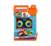 Monster Trucks 1:64 Scale Toy Truck Playset, Fuel N' Go Gas Can Transforms Into Stunting Arena, With Motosaurus & 2 Crushed Cars, HXT04