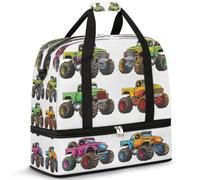 Monster Trucks Car Travel Duffle Bag for Women Men Weekend Overnight Bags Foldable Wet Seperated 47 L Tote Bag for Sports Gym Yoga
