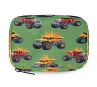 Monster Trucks Fire Pattern Pill Organizer Travel Medicine Case with Zipper Daily Vitamin Storage Bag Portable 8 Slot Weekly Pill Box Supplement Holder for Home Office Gym Travel