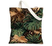 Monstera Canvas Tote Bag for Women, Tropical Exotic Palm Leopard Summer Green Washable Reusable Small Tote Bags Ideas for Shopping Trips Office Library Casual 13x15 Inch