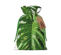 Monstera Deliciosa Banana Palm Printed Christmas Drawstring Bags Reusable Bag for Party Xmas Gift Wrapping, Green Ribbon, S