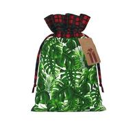 Monstera Deliciosa Banana Palm Printed Christmas Drawstring Linen Gift Bags â€“ Reusable Burlap Fabric Bags With Tags For Christmas Gifts, Party Favors, Wedding Decor & Holiday Packaging 2 Sizes