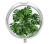 Monstera Deliciosa Banana Palm Travel Pill Box Case 3 Compartment Cute Pill Organizer Metal Pill Holder with Mirror Small Medicine Organizer Daily Pill Container for Purse Pocket Portable Meds Box