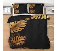 Monstera Duvet Cover Set, Tropical Plant Reversible Bedding Set, Luxury Plant Polycotton 3 pcs Lightweight Premium Quilt Cover Set for All Seasons With Zipper (Black Gold, Single)