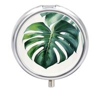 Monstera Leaf Pill Box 3 Compartment Portable Travel Pill Case with Mirror Round Metal Medicines Storage Container Pocket Medicine Box to Hold Vitamins Fish Oil