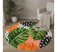 Monstera Leaf Polka Dots Rugs Living Room Round 60cm Modern Abstract Style Orange-Green Washable Circle Area Rugs Bedroom Carpet Round Short Pile Anti Slip for Dining Room Kids Room Hallway
