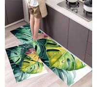 Monstera Leaves Kitchen Rug Set 2 Pieces, Non-Slip and Washable Kitchen Runner Mat Leaf Watercolor Painting Standing Mats for Hallway, Dining Room and Entryway - 40x60cm+40x120cm, Green