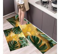 Monstera Leaves Kitchen Rug Sets, 2 Piece Non Slip Kitchen Mats 3D Golden Marble Runner Set with Rubber Backing Super Absorbable Washable Floor Mats 50x80cm+50x150cm Yellow