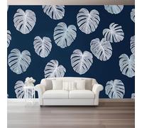 Monstera Leaves Simple Close-Up Texture Wall Mural Wallpaper, Non Self Adhesive Paste The Wall Mural for Living Room Bedroom, Dark Blue High Definition Art Wall Decor - 350 x 256 cm (W x H)