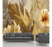 Monstera Wallpaper, Hibiscus Flower Gold Leaves Palm Leaf Mural, Panoramic Wall Paper for Bedroom Living Room Hallway Restaurant Home Decoration - 390x260 cm Wall Mural