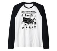 Monsters of America Cryptid Map United States Folklore Raglan Baseball Tee
