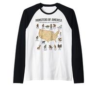 Monsters of America Cryptid Map United States Folklore Raglan Baseball Tee