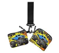 Monsters Trucks Big Power Comic Style Seamless Pattern Women's Coin Wallet Card Holder Thin Flat Change Purse Key Holder with Zipper Coin Pocket for Work Travel 2 Packs