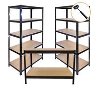 3 x Racking Bay Unit 5 Tier & Workbench Heavy Duty Steel Metal Black 280kg Capacity Per Shelf Garage Shelves Warehouse Shed Workshop Boltless Shelving 90 x 45 x 180cm FREE Rubber Mallet