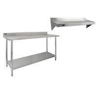 6ft Stainless Steel Catering Bench & 2 Wall Mounted Shelves Commercial Kitchen Work Prep Table Worktop Backsplash 2 Tier Adjustable Heavy Duty Corrosion Resistant FREE Microfibre Cloths & Fixing Kit S