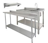 MonsterShop 6Ft Stainless Steel Catering Bench, Stainless Steel Sink - Left Hand Drainer & 2 X Wall Mounted Shelves