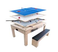 7 in 1 Games & Dining Table Storage Bench 7ft Oak Wood Pool Table Tennis Air Hockey Chess Backgammon Shuffleboard Multi Sports Game Set Entertainment Home Office Adult Kids Accessories Included