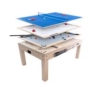 7 in 1 Games & Dining Table 7ft Oak Wood Pool Table Tennis Air Hockey Chess Backgammon Shuffleboard Multi Sports Game Set Indoor Party Entertainment Home Office Adult Kids Accessories Included