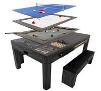 7 in 1 Games & Dining Table 2 x Storage Benches 7ft Grey Wood Effect Pool Table Tennis Air Hockey Chess Backgammon Shuffleboard Multi Sports Game Home Entertainment Adult Kids Accessories Set