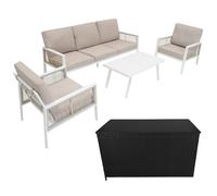 MonsterShop Garden Furniture Set 4Pc White Aluminium With Rattan Storage Box Black Outdoor 3 Seat Sofa 2 Armchairs Coffee Table Cushions