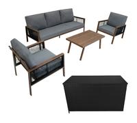 Garden Furniture Set 4 Piece Wood Effect Aluminium With Rattan Storage Box Black Outdoor 3 Seat Sofa 2 Armchairs Coffee Table Cushions 582L Chest Gas Lift Lid Portable Waterproof Rain Cover Carry Bag