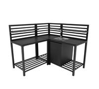 3 Piece Outdoor Kitchen Modular Configuration Corner Sink & Table Unit Aluminium Set Anthracite Grey Steel Sink With Cold Tap Storage Shelves Cupboard Cabinet Outdoor Prep Area