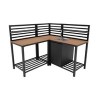 3 Piece Outdoor Kitchen Modular Configuration Corner Unit Sink & Table Aluminium Set Anthracite Grey Steel Sink Cold Tap Adjustable Storage Shelves Cupboard Cabinet Outdoor Prep Area Wood Countertops