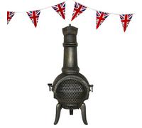 Cast Iron Chiminea Outdoor Garden Patio Heater Log Fire Pit Burner Wood Chimney Chimenea BBQ Spark Guard FREE Poker Barbeque Toasting Rack & 10m Union Jack Bunting 25 Double Sided Flags Black