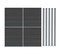 Composite Fence Panel x 4 & 5 Aluminium Posts 6ft Board Grey Double Sided Wood Grain Slatted Fencing Plastic Outdoor Garden Driveway Privacy Barrier 185cm High x 699cm Wide Solar Powered LED Lighting