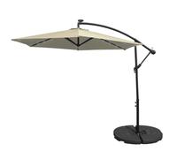 LED Cantilever Parasol 3m Cream Banana Hanging Umbrella Garden Sun Shade Canopy Patio 360 Rotation Tilt UV Protection Winding Crank 24 Solar Powered Cool White Lights FREE Waterproof Rain Cover & Base